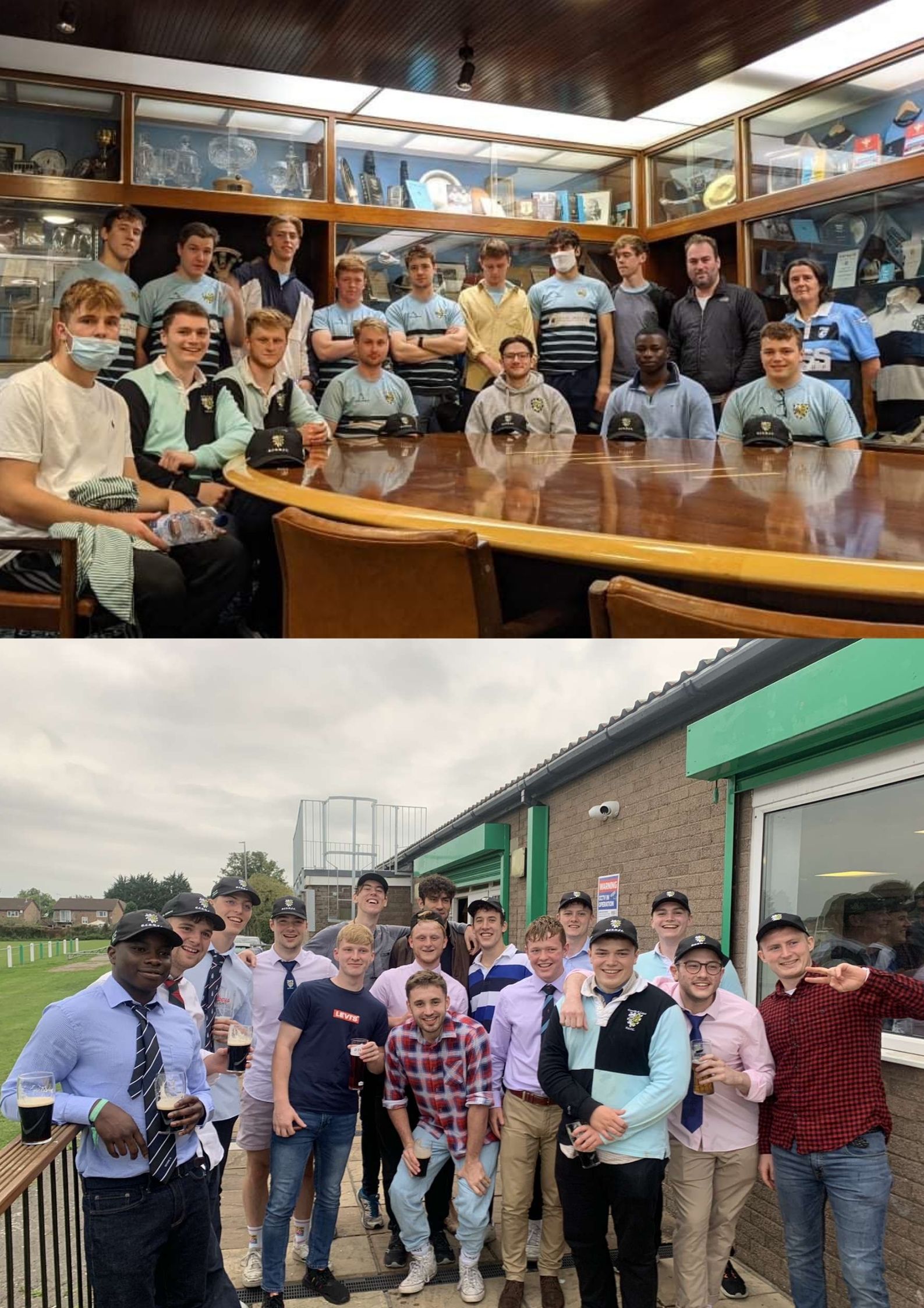 Two photos showing Caius rugby players on tour, one in a museum and one by a rugby pitch