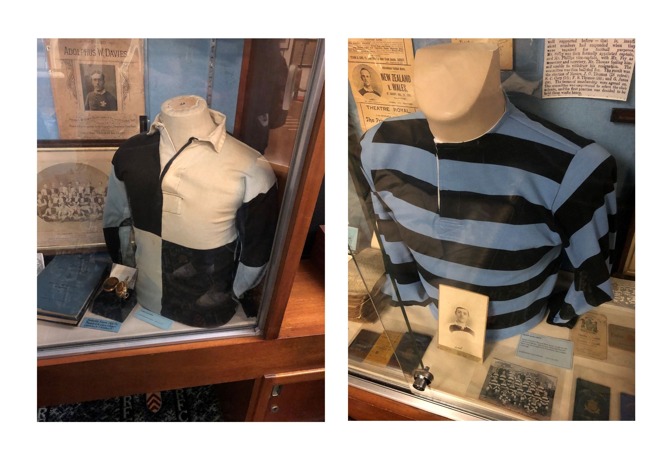 Two photos of rugby shirts in museum display cases