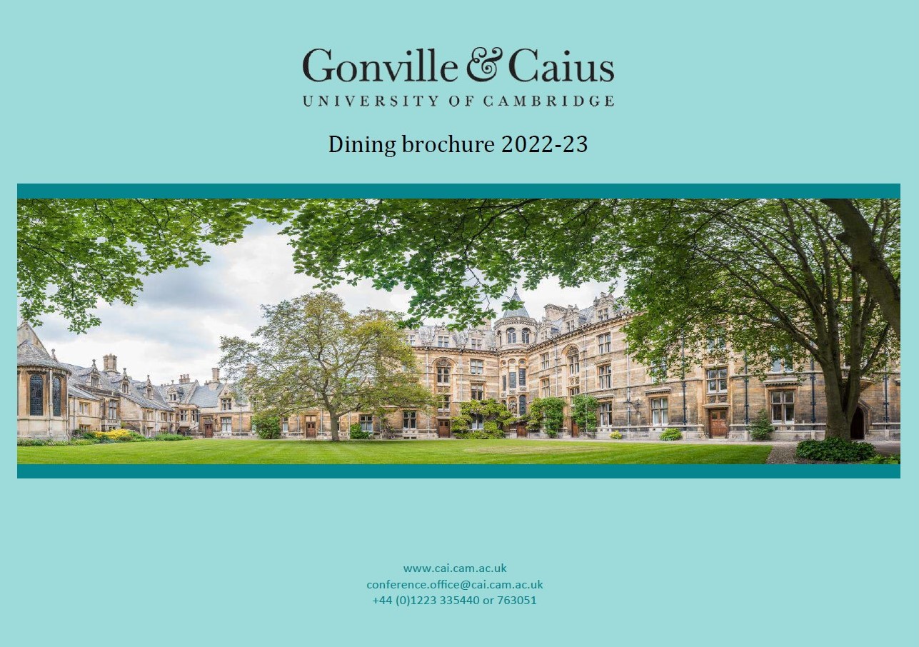 Front cover of Gonville & Caius dining brochure 2022-23