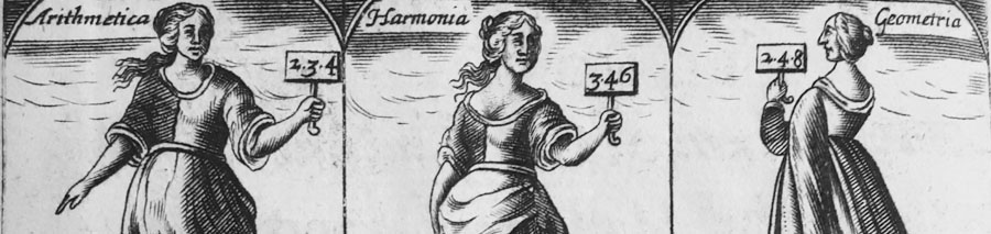Allegorical figures of Arithmetic, Harmony, and Geometry, holding placards with corresponding proportions.