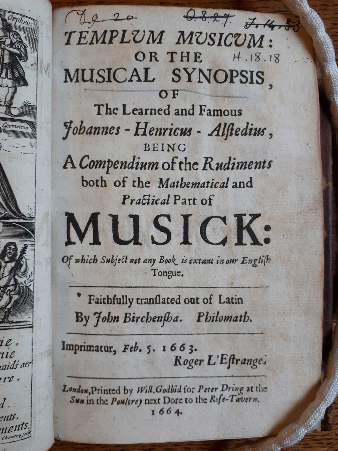 Typeset title page, reading in part, 'Templum music: or the musical synopsis, of the learned and famous Johannes-Henricus-Alstedius, being a compendium of the rudiments both of the mathematical and practical part of musick, of which subject not any book is extant in our English tongue. Faithfully translated out of Latin by John Birchensha. Philomath.'